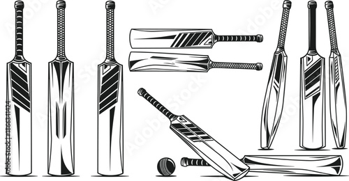Cricket, Bats, Bat, Ball, Sports, Equipment, Illustration, Vintage, Sketch, Handdrawn, Vector, Collection, Set, Game, Wooden, Athletic, Classic, Design, Graphic, Silhouette