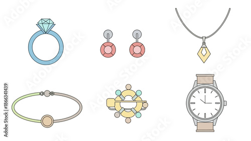 Luxury Jewelry and Accessories Collection: Ring, Earrings, Necklace, Bracelet, Brooch, Watch