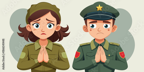 Cartoon soldiers praying with hands together in green uniforms with worried expression, perfect for any design needs