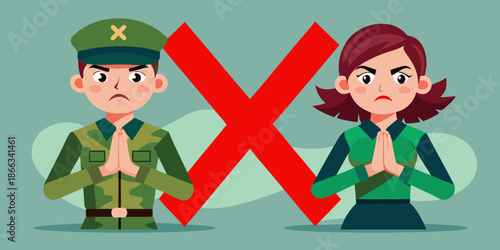 Soldiers gestured namaste and angry expression with big red cross symbol for warning design