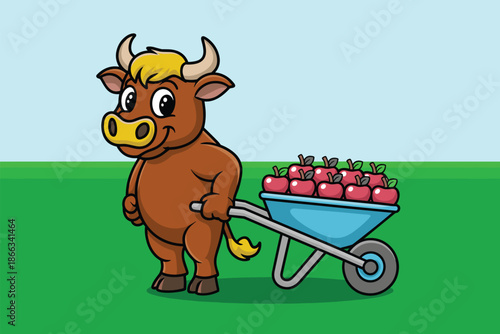 Cheerful cartoon bull character pushing wheelbarrow full of fresh red apples on green grass farm field agriculture harvest concept modern vector illustration for children's books farm market advertisi