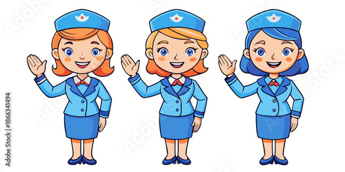Friendly flight attendants waving in blue uniforms with smiles, characters for web design perfect for any design needs