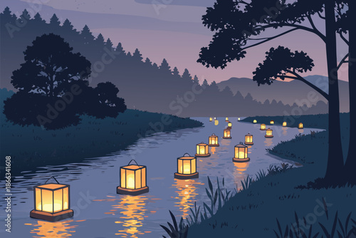 Peaceful River Lantern Trail Dusk