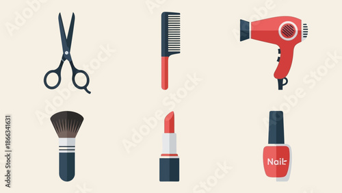 Hair Salon Icons: Scissors, Comb, Hair Dryer, Makeup Brush, Lipstick, Nail Polish