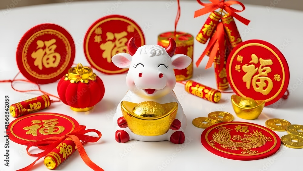 Fototapeta premium Happy chinese new year cow figurine with gold coins and red decorations