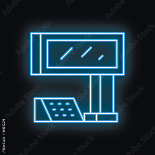 Blue neon icon of a desktop computer with a separate keyboard and monitor glowing on a black background