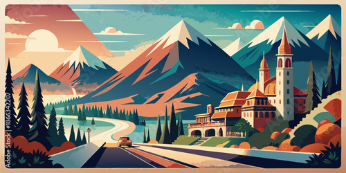 Scenic mountain landscape with winding road and castle for postcard and wallpaper design