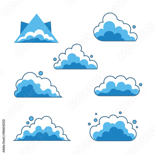 Set of Stylized Blue Clouds and Mountain Peak Icons