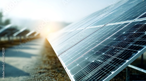 Rows of solar panels angled to capture sun's rays, harvesting clean energy in the daylight