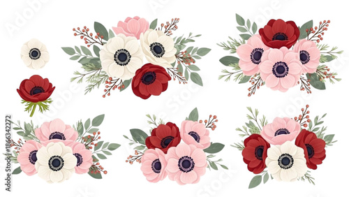 A collection of floral arrangements featuring red, pink, and white flowers with green leaves on a plain white background
