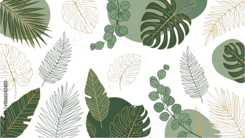 A serene botanical illustration featuring various green leaves and plants on a white background from a top-down viewpoint