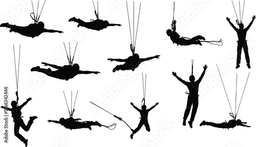 Paragliding, Skydiving, Parachute, Adventure, Extreme, Sport, Flight, Freefall, Silhouette, Action, Aerial, Outdoor, Thrill, Vector, Illustration, Athlete, Airborne, Recreation, Safety, Motion