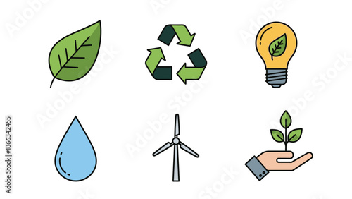 Eco Friendly Icons: Leaf, Recycle, Lightbulb, Water Drop, Wind Turbine, Hand Plant