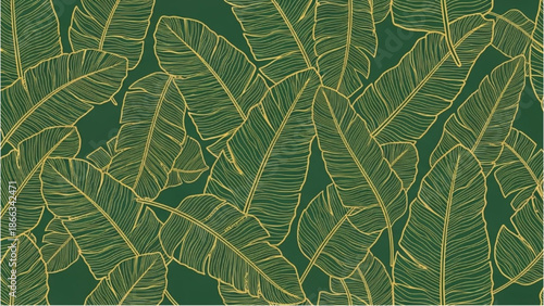 A collection of banana leaves arranged in a pattern on a dark green background viewed from above