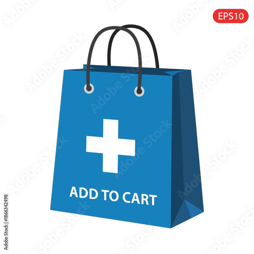 Blue Shopping Bag with White Plus Symbol and 'Add to Cart' Text
