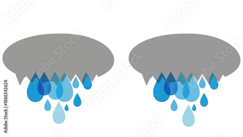 Two Grey Clouds Raining Blue Water Droplets Isolated on White Background