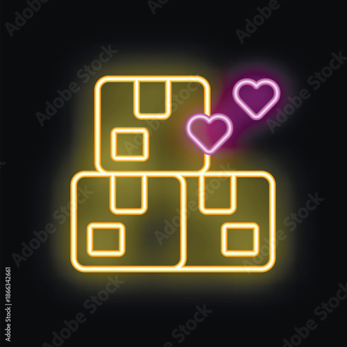 Glowing neon icon of donation boxes with hearts representing charity, love, and support