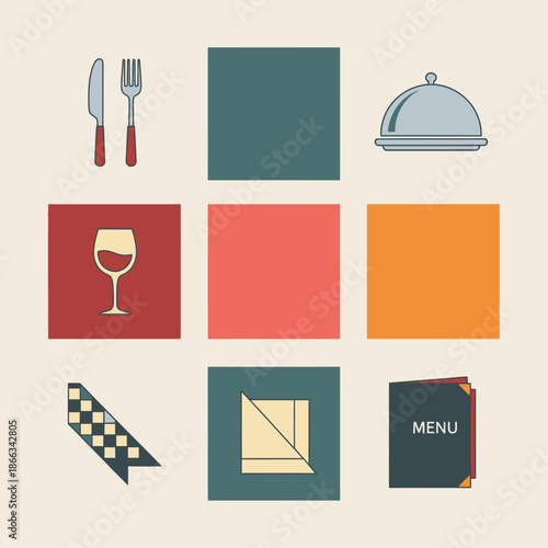 Restaurant Menu Icons: Cutlery, Wine Glass, Food Cover, Napkin and Menu