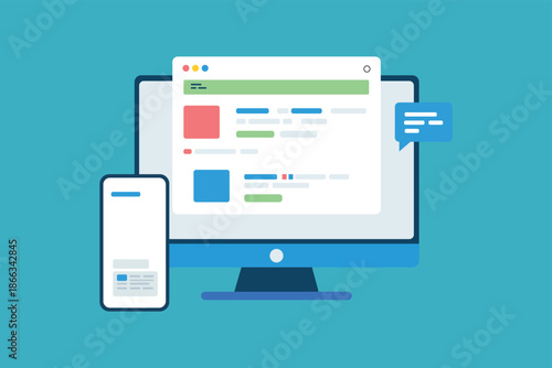Responsive Web Design Concept with Desktop and Mobile Devices Flat Vector Illustration