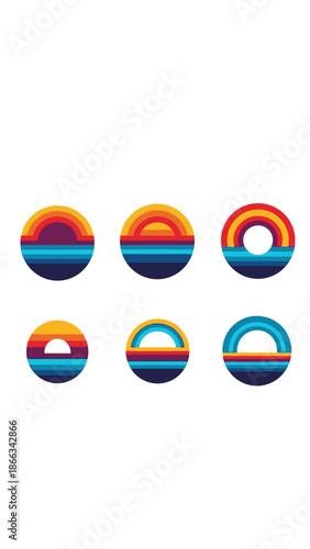 Free Download Retro Rainbow Circle Icons Set, Vintage Sunset Geometric Shapes, Abstract Design Elements - GFXLoad