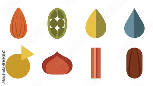 Assorted Flat Icons: Nuts, Seeds, Water Droplets, Abstract Shapes
