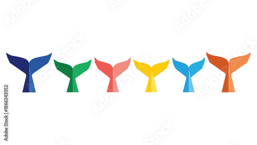 Colorful Whale Tails Arranged in a Row on White Background