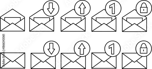 Message icon set. Envelope symbol with notification badge and inbox element. Collection of open and close outline style. Vector illustration.