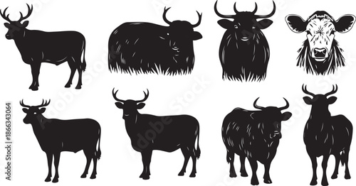 Black silhouettes of various cattle and bulls on white background