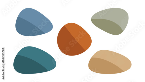 Smooth, rounded pebbles in warm and cool earth tones, isolated on white background