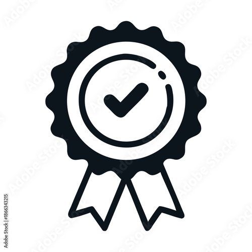 A minimalist icon of a badge with a checkmark, isolated on, symbolizing quality, approval, and verification in a simple, modern design suitable for digital use