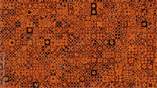 Vibrant orange background with intricate black patterns and scattered geometric shapes viewed from a straight-on perspective