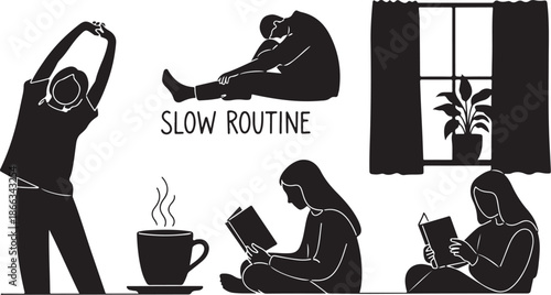 People engaging in slow morning routine activities in silhouette