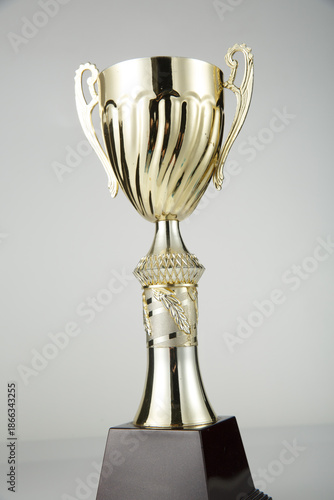 Gold Trophy Cup with Ornate Handles on Black Base Studio Shot