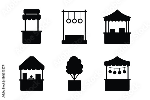 Carnival Fair Market Stall and Festival Booth Silhouette Icons