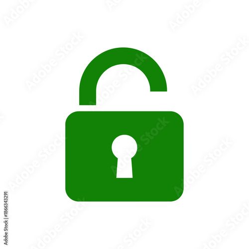 Green unlocked padlock symbol isolated on white background