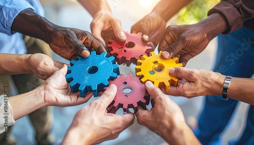 Diverse hands joining colorful gears together demonstrating collaboration and teamwork concept