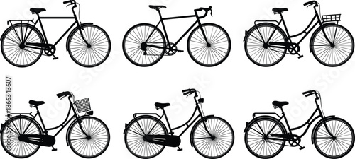 Bicycle, Bike, Cycle, Silhouette, Vintage, Roadbike, Citybike, Transport, Mobility, Vehicle, Urban, Classic, Pedal, Wheel, Frame, Black, Vector, Icon, Set, Design