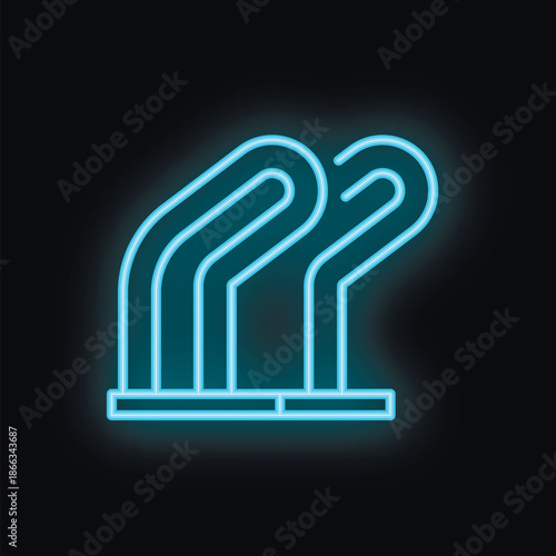 Blue neon glowing icon of a bicycle rack, symbolizing parking solutions for sustainable transportation in urban environments