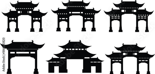 pagoda, gate, temple, asian, chinese, architecture, landmark, silhouette, traditional, oriental, culture, heritage, building, entrance, icon, illustration, vector, design, set, collection