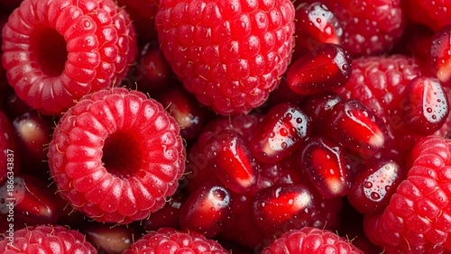 Close up of Fresh Raspberries and Pomegranate Seeds Healthy Food
