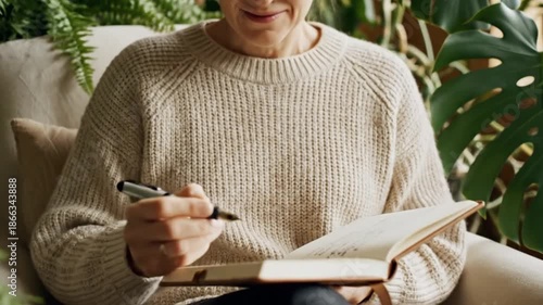 Woman in cozy sweater writing in a notebook while sitting on a sofa surrounded by indoor plants