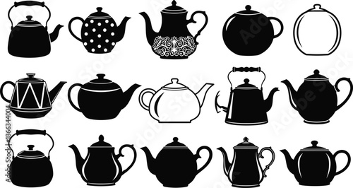 Teapot, Kettle, Teaware, Tea, Pottery, Ceramic, Silhouette, Kitchenware, Beverage, Hot, Drink, Black, Vector, Icon, Set, Collection, Isolated, Graphic, Vintage, Design