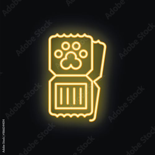 Glowing neon line icon representing a pet ticket, perfect for animal and entertainment related designs