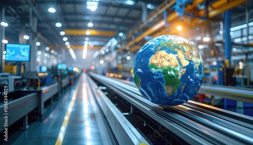 Composite image of Earth globe on a conveyor belt in a large, industrial factory setting
