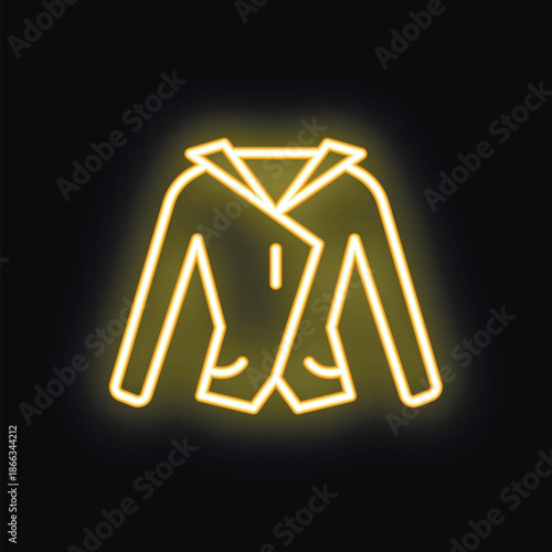 Yellow neon sign depicting a fashionable jacket with a zipper and pockets, set against a dark backdrop
