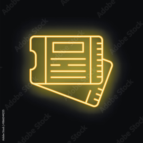 Neon yellow glowing ticket icon showing entertainment and travel concept