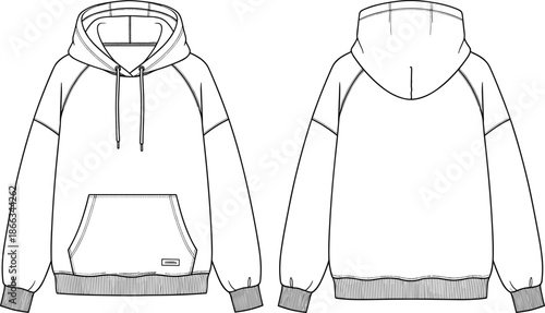 Hoodie sweatshirt technical illustration, front and back view apparel design, casual streetwear clothing template, modern fashion outline vector drawing