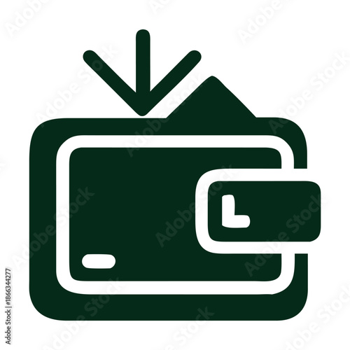 Dark green icon of a wallet with an arrow pointing down, symbolizing savings, investment, or financial transactions, isolated on represents money management