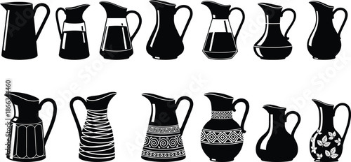 Pitcher, Jug, Vase, Ceramic, Pottery, Silhouette, Kitchenware, Tableware, Container, Water, Milk, Wine, Black, Vector, Icon, Set, Collection, Isolated, Graphic, Design