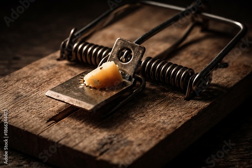 Ultra-close-up macro shot of a classic wooden mouse trap with a metal spring, sharp focus on the trigger mechanism, dramatic side lighting, dark moody background, hyper-realistic textures.